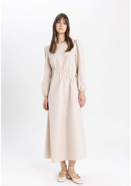 Regular Fit Bisiklet Yaka Basic Düz Poplin Uzun Kollu Maxi Elbise