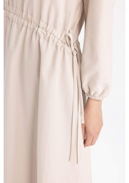 Regular Fit Bisiklet Yaka Basic Düz Poplin Uzun Kollu Maxi Elbise