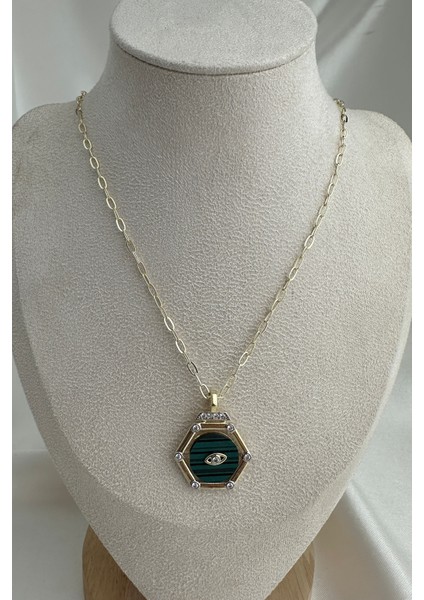 Altıgen Figürlü Göz Detaylı Altın Renk Kolye (50CM)