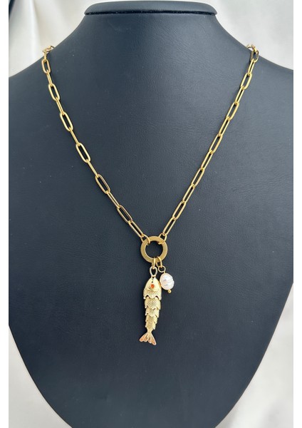 Çelik Inci Detay Mineli Balık Kılçık Kolye (46CM) modelleri