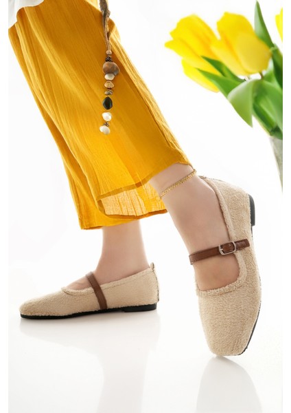 Kadın Babet Bej Bantlı Kemerli Hafif Rahat Şık Iş Ofis Günlük Ayakkabı