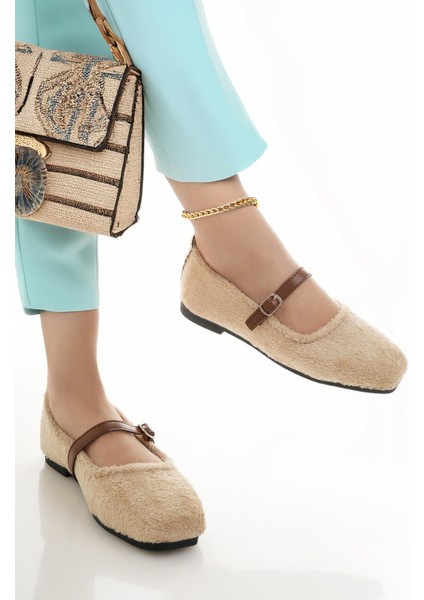 Kadın Babet Bej Bantlı Kemerli Hafif Rahat Şık Iş Ofis Günlük Ayakkabı fiyatları