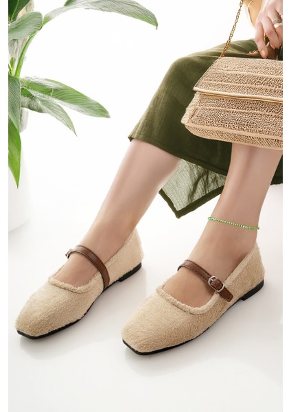 Kadın Babet Bej Bantlı Kemerli Hafif Rahat Şık Iş Ofis Günlük Ayakkabı modelleri