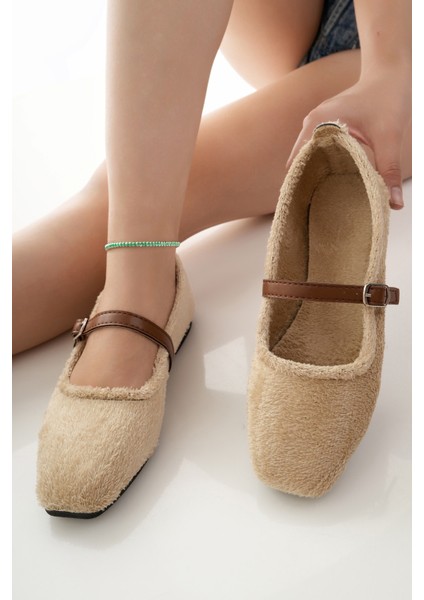 Kadın Babet Bej Bantlı Kemerli Hafif Rahat Şık Iş Ofis Günlük Ayakkabı fırsatları