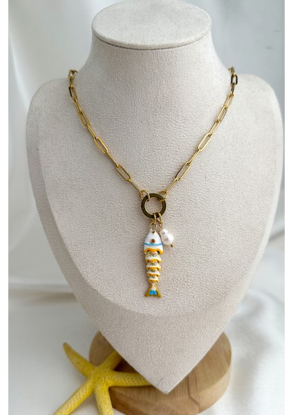 Çelik Inci Detay Mineli Balık Kılçık Kolye (46CM)