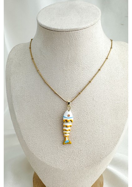 Çelik Top Zincir Mineli Balık Kılçık Kolye (45CM)