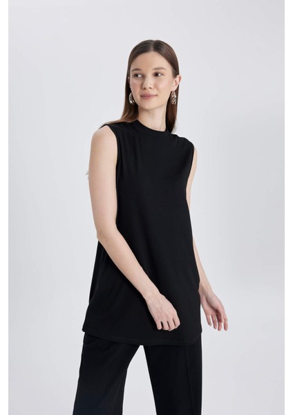 Regular Fit Bisiklet Yaka Kolsuz Basic Düz Siyah Tesettür Tunik A8352AX24SP