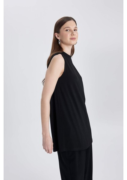 Regular Fit Bisiklet Yaka Kolsuz Basic Düz Siyah Tesettür Tunik A8352AX24SP