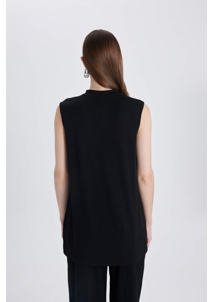 Regular Fit Bisiklet Yaka Kolsuz Basic Düz Siyah Tesettür Tunik A8352AX24SP