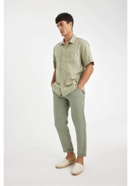 %100 Keten Normal Kesim Crop Duble Paça Yazlık Kumaş Pantolon C1826AX24SM