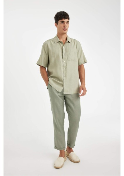 %100 Keten Normal Kesim Crop Duble Paça Yazlık Kumaş Pantolon C1826AX24SM