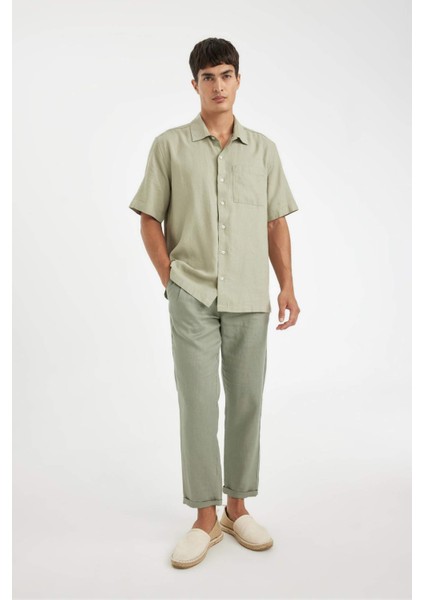 %100 Keten Normal Kesim Crop Duble Paça Yazlık Kumaş Pantolon C1826AX24SM