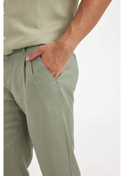 %100 Keten Normal Kesim Crop Duble Paça Yazlık Kumaş Pantolon C1826AX24SM