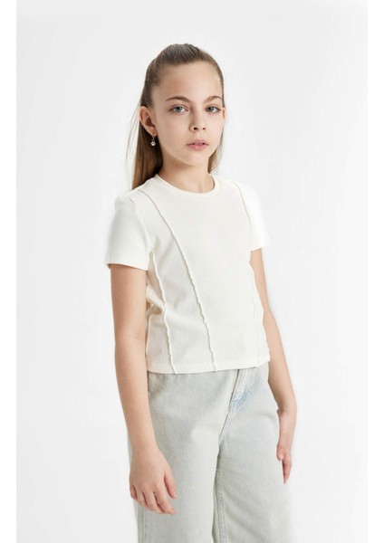 Kız Çocuk Slim Fit Dar Kesim Bisiklet Yaka Ribana Kısa Kollu Tişört C0104A824SM