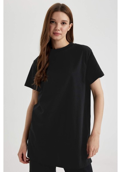 Regular Fit Bisiklet Yaka Basic Düz Kısa Kollu Siyah Tunik Tişört A8351AX24SP