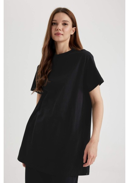 Regular Fit Bisiklet Yaka Basic Düz Kısa Kollu Siyah Tunik Tişört A8351AX24SP