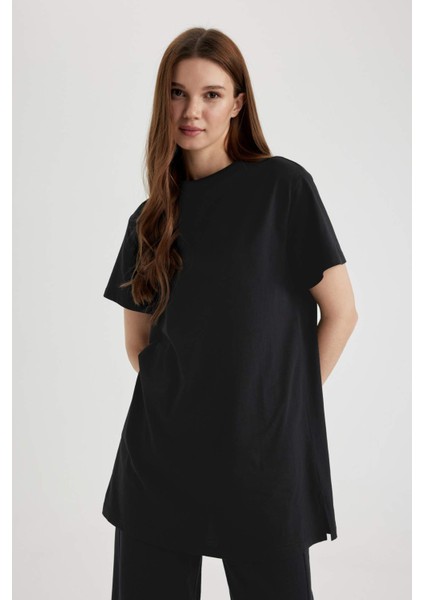 Regular Fit Bisiklet Yaka Basic Düz Kısa Kollu Siyah Tunik Tişört A8351AX24SP