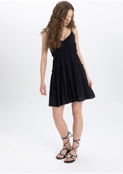 A Kesim V Yaka Askılı Siyah Mini Elbise B9019AX24SM