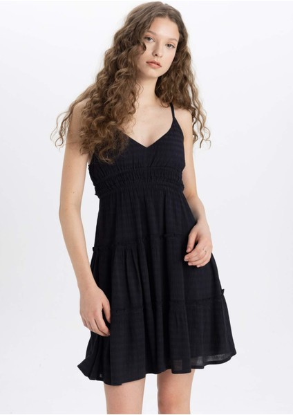 A Kesim V Yaka Askılı Siyah Mini Elbise B9019AX24SM