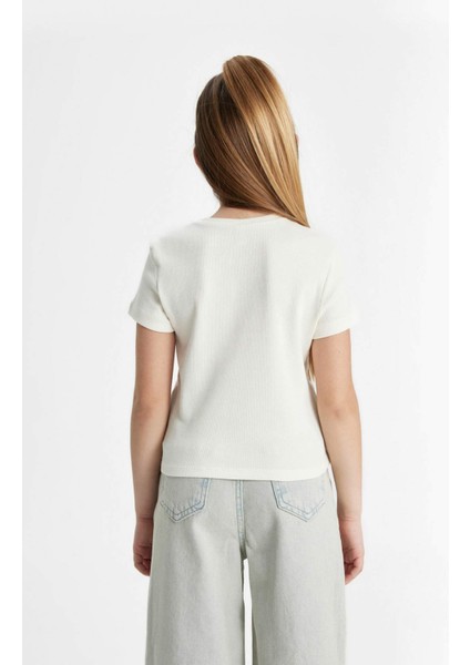 Kız Çocuk Slim Fit Dar Kesim Bisiklet Yaka Ribana Kısa Kollu Tişört C0104A824SM