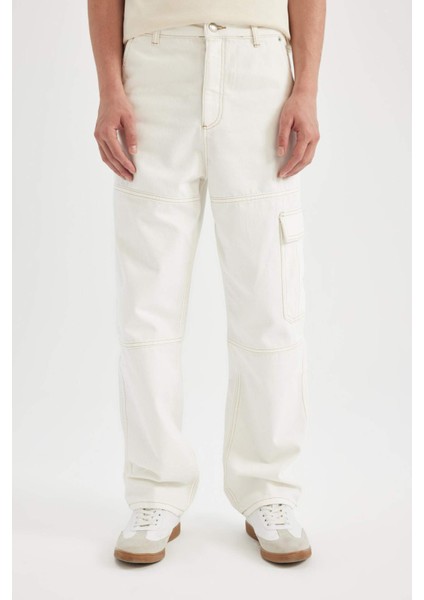 %100 Pamuk Baggy Geniş Kalıp Normal Bel Geniş Paça Beyaz Jean Pantolon C1511AX24SM