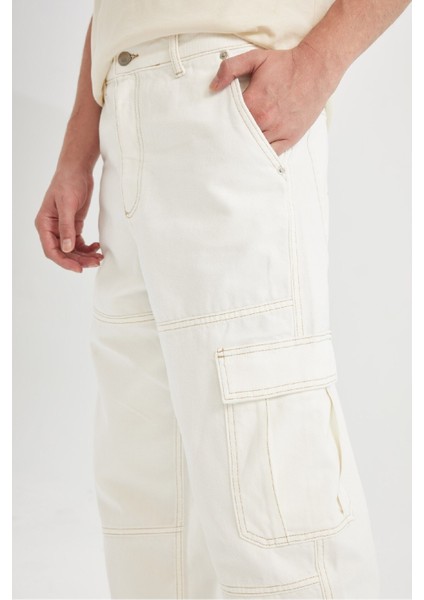 %100 Pamuk Baggy Geniş Kalıp Normal Bel Geniş Paça Beyaz Jean Pantolon C1511AX24SM