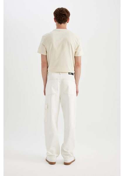 %100 Pamuk Baggy Geniş Kalıp Normal Bel Geniş Paça Beyaz Jean Pantolon C1511AX24SM