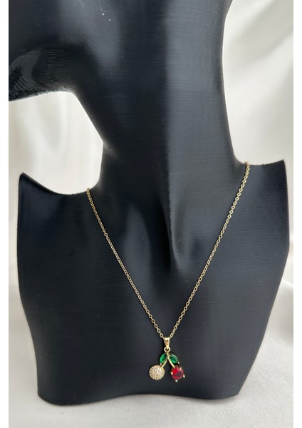 Çelik Altın Rengi Taşlı Meyve Minimal Kiraz Kolye (40CM)