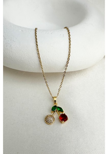 Çelik Altın Rengi Taşlı Meyve Minimal Kiraz Kolye (40CM) modelleri