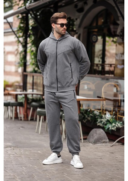 Antrasit Kapüşonlu Rahat Kesim Erkek Eşofman Takımı E7330