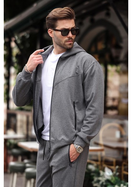 Antrasit Kapüşonlu Rahat Kesim Erkek Eşofman Takımı E7330 fiyatları