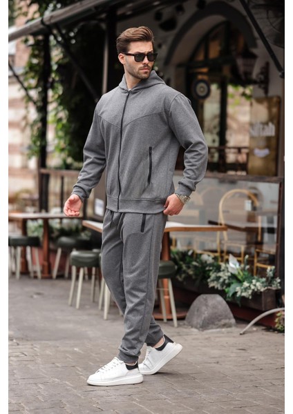 Antrasit Kapüşonlu Rahat Kesim Erkek Eşofman Takımı E7330 modelleri