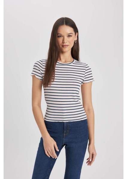 Fitted Bisiklet Yaka Çizgili Fitilli Kaşkorse Basic Düz Kısa Kollu Tişört K1965AZ24SM