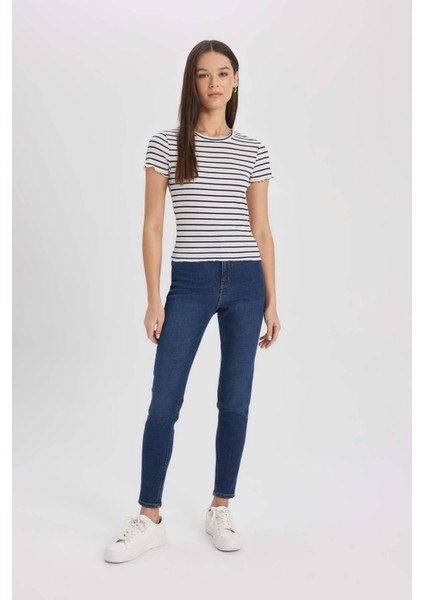 Fitted Bisiklet Yaka Çizgili Fitilli Kaşkorse Basic Düz Kısa Kollu Tişört K1965AZ24SM