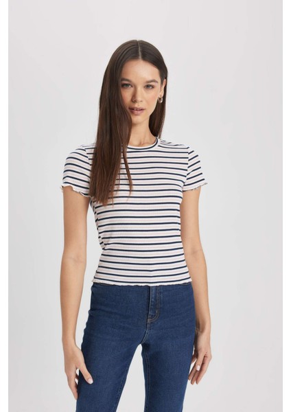 Fitted Bisiklet Yaka Çizgili Fitilli Kaşkorse Basic Düz Kısa Kollu Tişört K1965AZ24SM