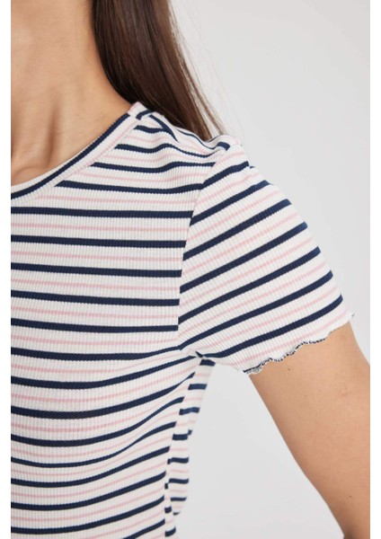 Fitted Bisiklet Yaka Çizgili Fitilli Kaşkorse Basic Düz Kısa Kollu Tişört K1965AZ24SM