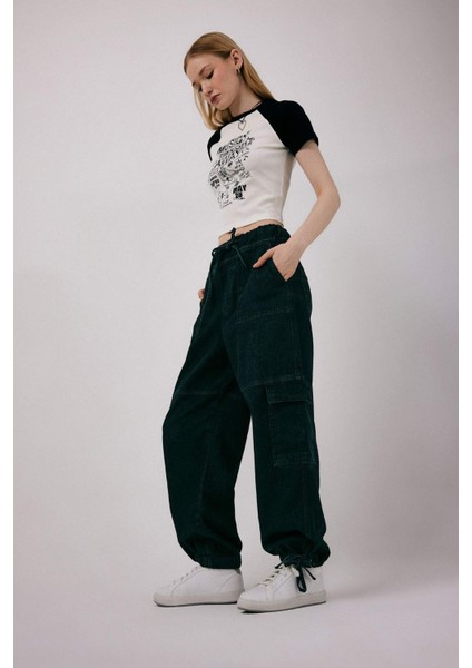 Kargo Jogger Yüksek Bel Bağcıklı Paça Bilek Boy Jean Yıkamalı Pantolon B9318AX24SP