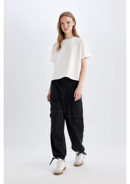 Kargo Jogger Yüksek Bel Bağcıklı Paça Bilek Boy Jean Yıkamalı Pantolon B9318AX24SP
