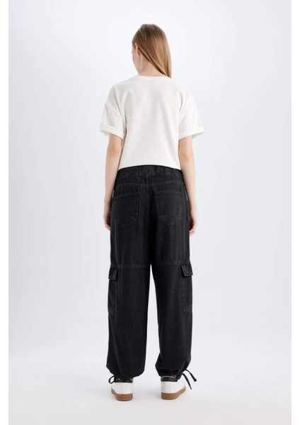 Kargo Jogger Yüksek Bel Bağcıklı Paça Bilek Boy Jean Yıkamalı Pantolon B9318AX24SP