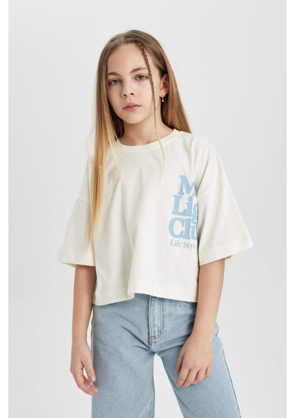 Kız Çocuk Bisiklet Yaka Baskılı Crop Kısa Kollu Tişört C1939A824SM