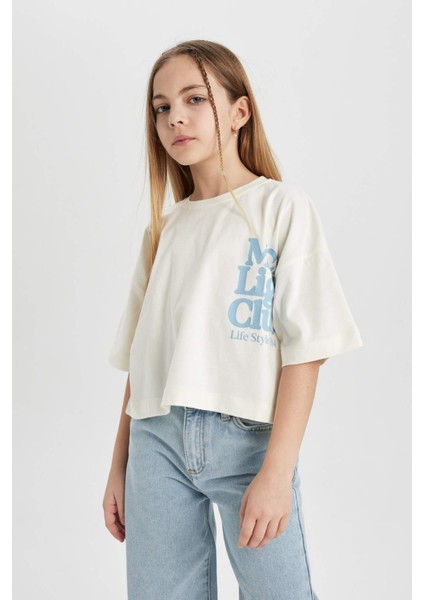 Kız Çocuk Bisiklet Yaka Baskılı Crop Kısa Kollu Tişört C1939A824SM