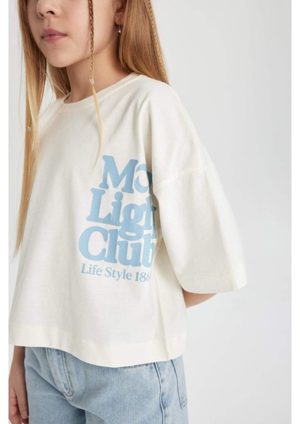 Kız Çocuk Bisiklet Yaka Baskılı Crop Kısa Kollu Tişört C1939A824SM