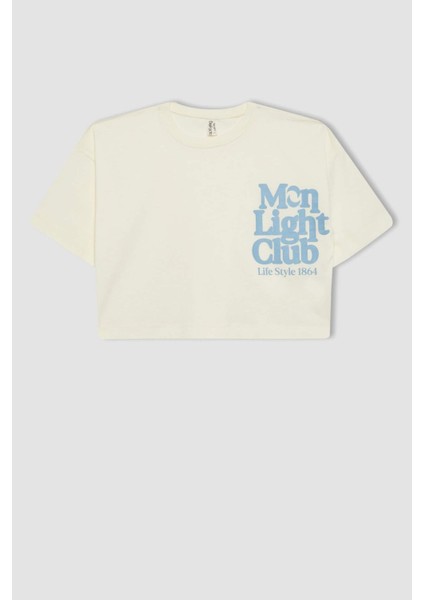 Kız Çocuk Bisiklet Yaka Baskılı Crop Kısa Kollu Tişört C1939A824SM