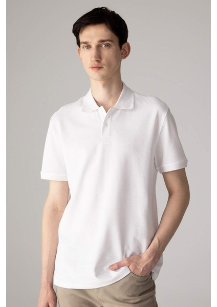 %100 Pamuk Regular Fit Polo Yaka Kısa Kollu Basic Düz Pike Kumaş Beyaz Tişört C1293AX24SP