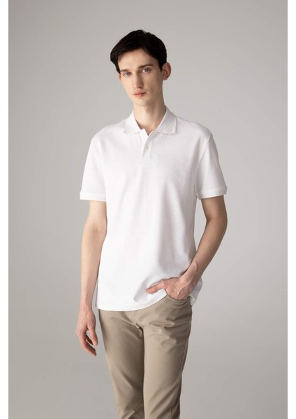 %100 Pamuk Regular Fit Polo Yaka Kısa Kollu Basic Düz Pike Kumaş Beyaz Tişört C1293AX24SP