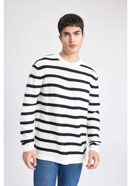 Standart Fit Normal Kesim Bisiklet Yaka Triko Çizgili Kazak B9724AX24AU