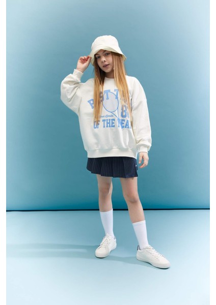 Kız Çocuk Oversize Geniş Kalıp Bisiklet Yaka Baskılı Sweatshirt B9687A824SP