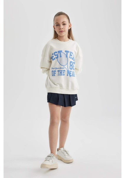 Kız Çocuk Oversize Geniş Kalıp Bisiklet Yaka Baskılı Sweatshirt B9687A824SP