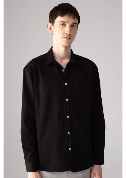 %100 Pamuk Relax Fit Polo Yaka Gabardin Uzun Kollu Siyah Gömlek C1477AX24SP