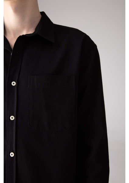 %100 Pamuk Relax Fit Polo Yaka Gabardin Uzun Kollu Siyah Gömlek C1477AX24SP